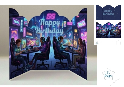 GG Happy Birthday Gaming Card – Neon City Multiplayer Tri-Fold Design