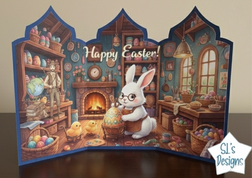 Easter Bunny Painting Egg – Pop-Up Card with Cozy Room and Explorer