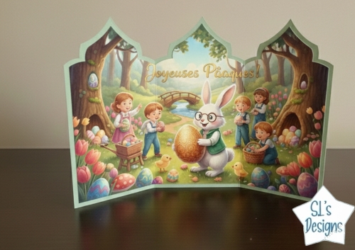 Easter Bunny with Children – Springtime Printable Card with Golden Egg