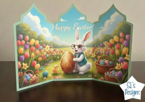 Easter Bunny with Golden Egg – Floral Trifold Card for Spring Celebrations
