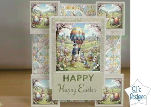Easter Rabbits with Balloon – Whimsical Meadow Card for Spring Celebrations