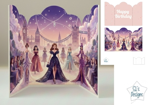 Fashion Parade Birthday Card – Glamorous Women under Londons Starry Sky