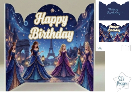 Paris Birthday Card – Elegant Lantern Ladies under Starry Eiffel Sky