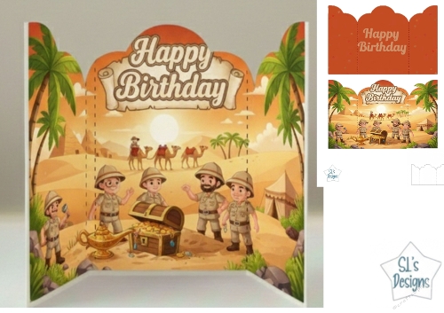 Desert Treasure Birthday Card – Explorers, Camels, and Golden Lamp Adventure