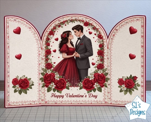 Elegant Valentines Day Tri-Fold Card with Romantic Couple and Roses