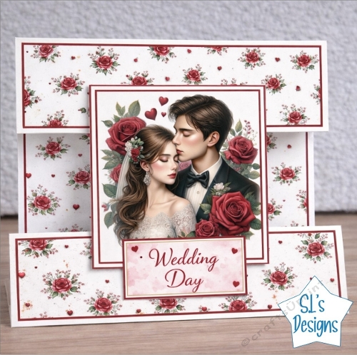 Elegant Wedding Day Card Topper with Bride and Groom in Floral Frame