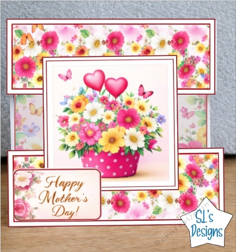 Mothers Day Floral Pot Card Topper with Butterflies and Hearts