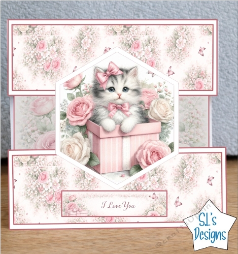 Romantic Kitten in Gift Box with Roses – I Love You Card Topper