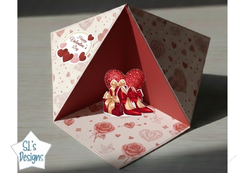 Luxury Valentines Day Triangular Pop-Up Card with Roses, Heels & Glitter Heart