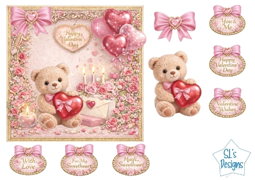 Valentine Bear Topper with Roses, Balloons and Love Letter