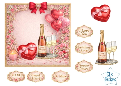 Valentine Champagne Topper with Balloons and Gift Box