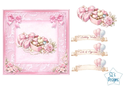 Candy Box Topper with Roses, Balloons and Lace Background