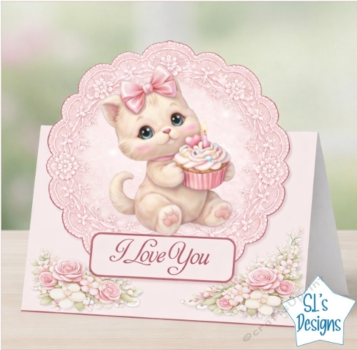Kitten Topper with Cupcake and Roses