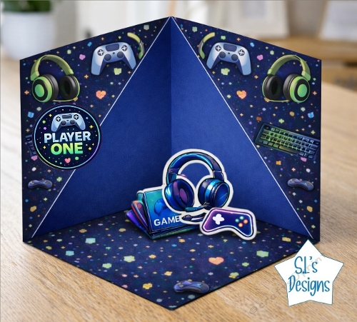 Gamer Pop-Up Topper with Headphones, Controller and Pixel Background