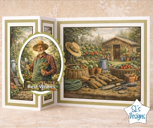 Gardener Topper with Potted Plant, Tools and Rustic Garden Scene