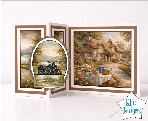    Motorbike and Cottage Topper with Garden Scene