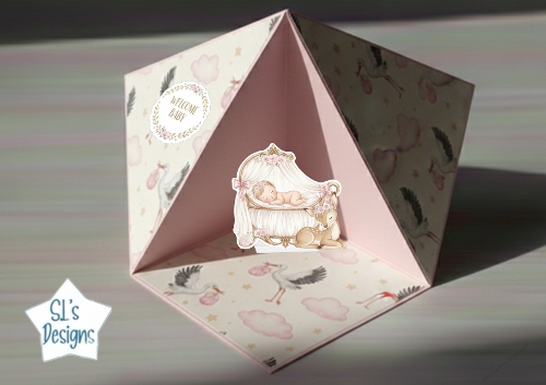 Welcome Baby 3D Pop-Up Card – Pink Nursery with Deer and Stork Accents