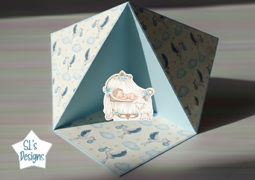 Welcome Baby 3D Pop-Up Card – Blue Cradle with Lamb and Stork Accents