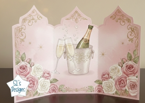 Romantic Celebration 3D Card – Champagne Toast with Roses and Sparkles
