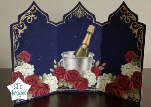 Elegant Celebration 3D Card – Champagne Bucket with Red Roses and Gold Accents