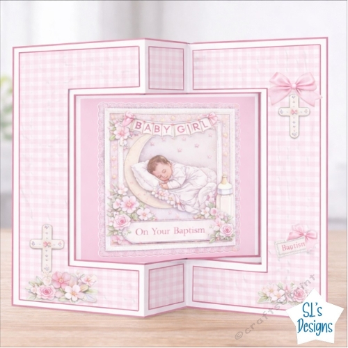    Baby Girl Baptism Card Topper – Moon and Flowers Design