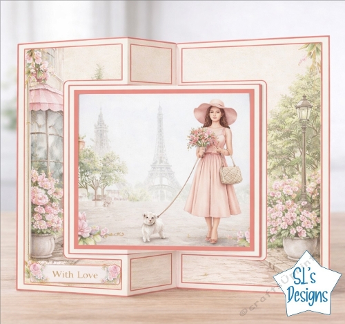 Paris Chic Card Topper – Lady with Dog and Eiffel Tower