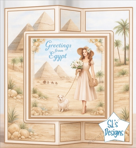 Egyptian Elegance Card Topper – Lady with Dog and Pyramids