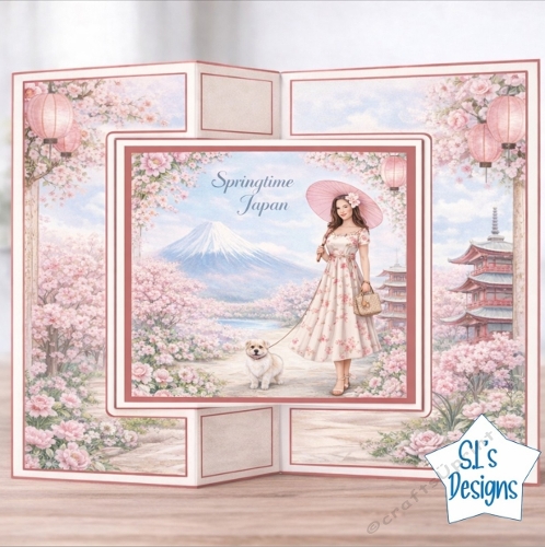 Springtime Japan Card Topper – Lady with Dog and Cherry Blossoms