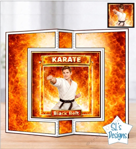 Karate Black Belt Achievement Card Topper – Fiery Martial Arts Design