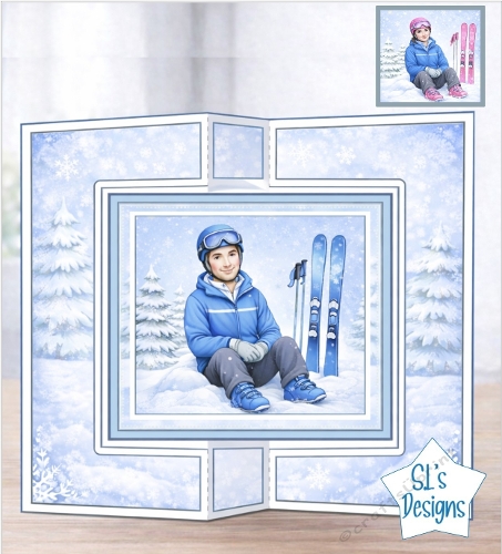 Winter Skiing Card Topper – Snowy Mountain Scene with Skier