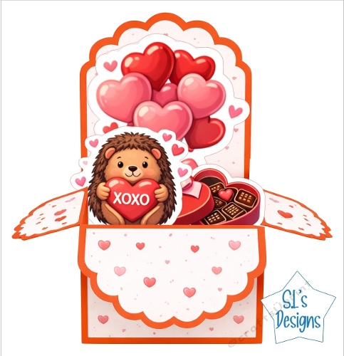 Valentine Pop‑Up Card Topper – Cute Hedgehog with Heart and Balloons