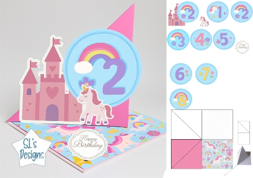 Unicorn Pop‑Up Castle Birthday Card Kit with Number Badges (Ages 1–8)