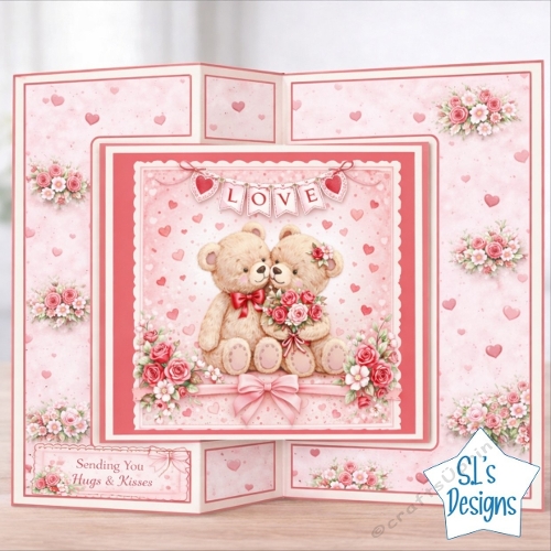 Love Teddy Bears Card Topper – Romantic Roses and Hearts Design
