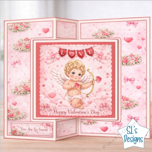 Romantic Valentines Day Card with Cute Cupid, Roses and Heart Banner