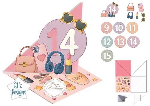 Girly Pop‑Up Birthday Card Kit with Accessories & Number Badges (Ages 9–15)