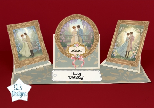 Romantic Vintage Couples Pop‑Up Birthday Card with Floral Frames & Garden Scenes