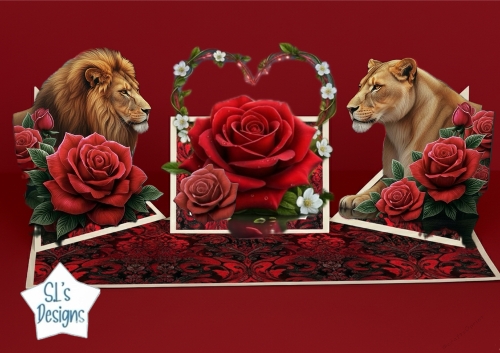 Regal Lions Pop‑Up Birthday Card with Red Roses & Heart Arch – Printable 3D Kit