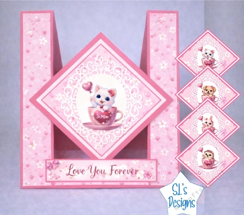 Cute Valentine Pop‑Out Card with Kitten and Puppy Toppers – Be Mine Teacup Design