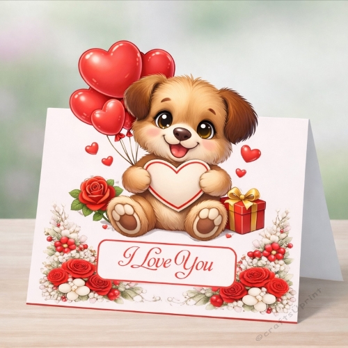 Cute Puppy Love Tent Fold Card – Romantic Dog Valentine Greeting Card Printable, Instant Download