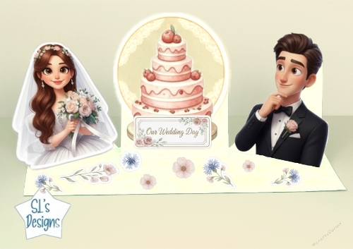 Romantic Wedding Day Pop‑Up Card Topper with Bride, Groom & Tiered Cake