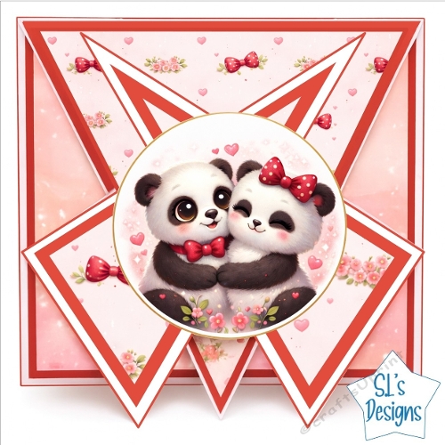 Romantic Panda Hug Card Topper with Red Bows and Hearts