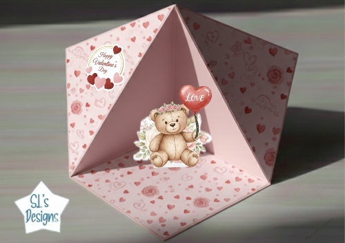  Cute Valentine Teddy Bear Pop‑Up Card Topper with Heart Balloon & Roses 1
