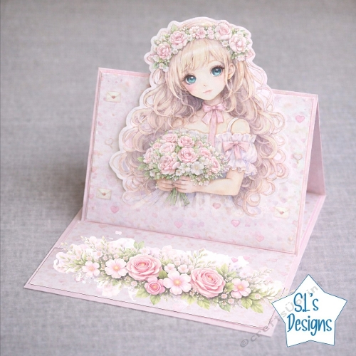 Elegant Anime Girl Floral Pop‑Up Card Front – Pastel Roses & Romantic Bouquet Design