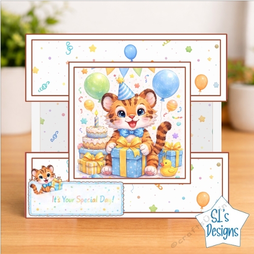 Cute Birthday Tiger Cub Card Front – Party Hat, Gifts & Cake Celebration Design
