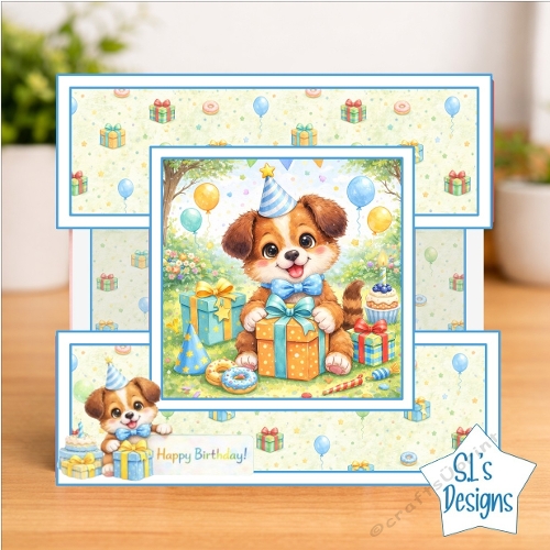 Cute Birthday Puppy Card Front – Party Hat, Gifts, Balloons & Sweet Treats Design