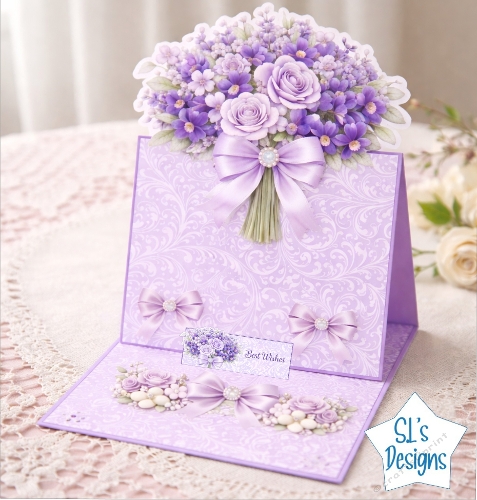 Elegant Lavender Easel Card Front – Purple Roses, Bows & Best Wishes Design