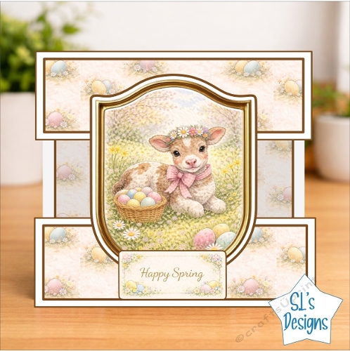 Cute baby calf spring card front – floral wreath, Easter eggs and Happy Spring design