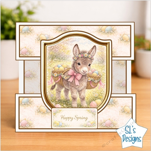 Cute Baby Donkey Spring Card Front – Floral Crown, Easter Eggs & Happy Spring Design