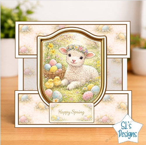 Cute Spring Lamb Card Front – Floral Crown, Chicks, Easter Eggs & Happy Spring Design
