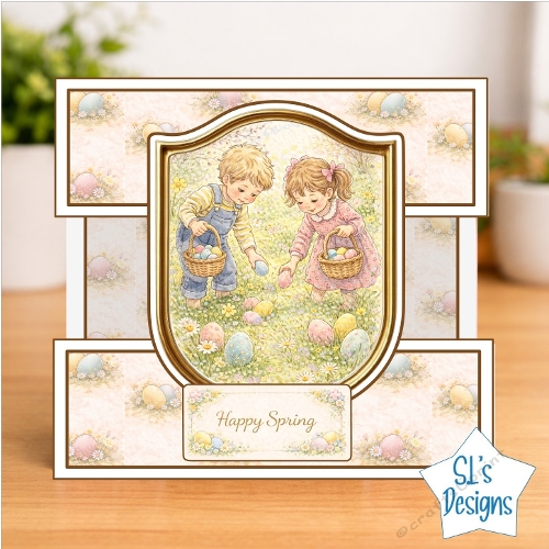 Cute Children Easter Egg Hunt Spring Card Front – Pastel Eggs, Flowers & Happy Spring Design